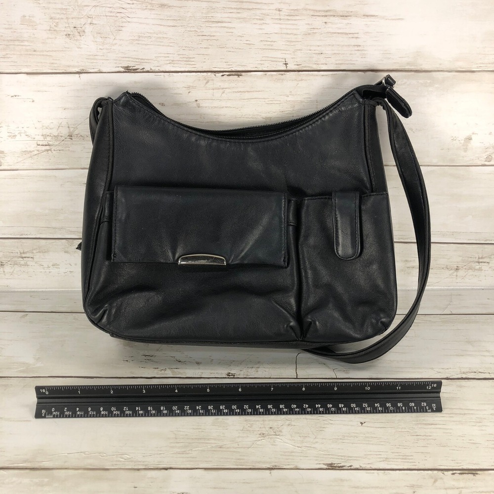 East 5th Black Leather Crossbody Bag Multi Pocket Shoulder Purse Silver Hardware - Picture 2 of 6